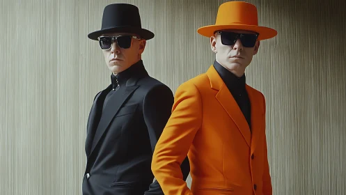 Twin silhouettes trade shadows and citrus in mirrored cool