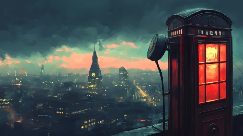 Glowing red phone box watching over a dreamy misty city.