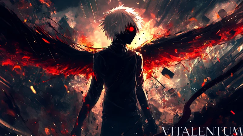 Winged dark figure erupts in crimson fire over ruined city