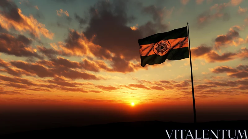 Indian flag silhouetted against high-dynamic-range sunset sky