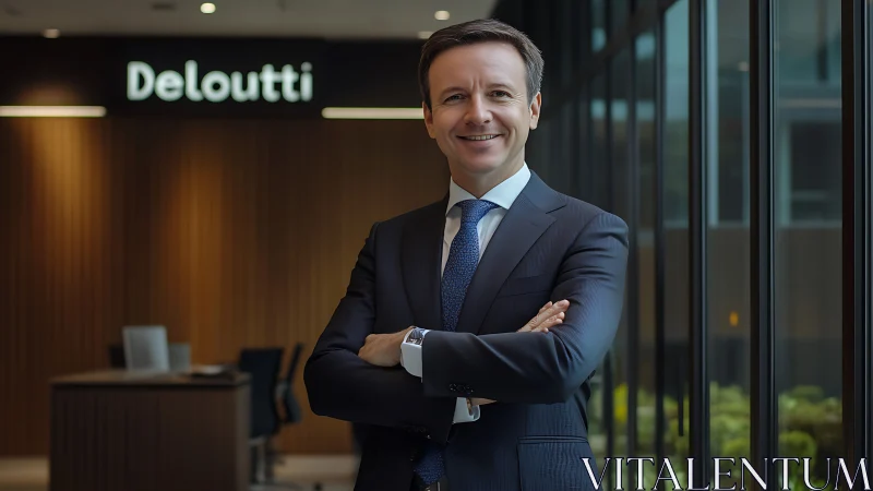 Corporate executive portrait in glass-fronted office atrium.