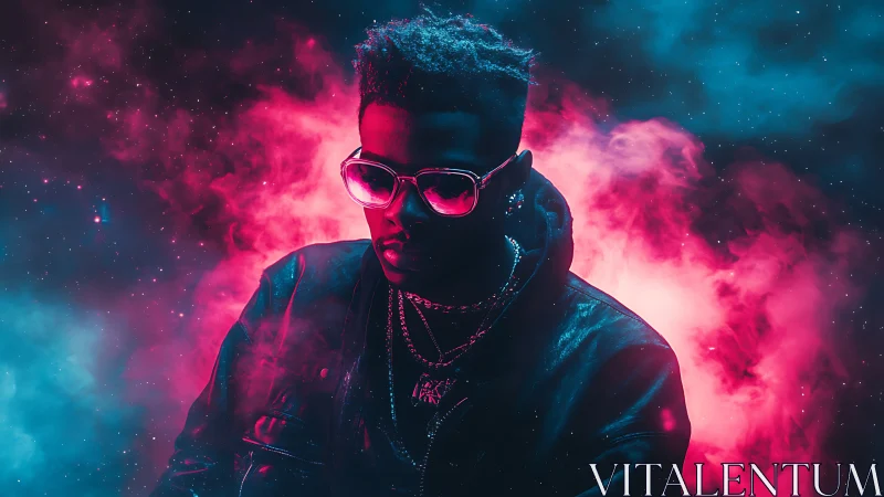 Neon-lit cyber portrait renders subject in dual-tone vapor haze