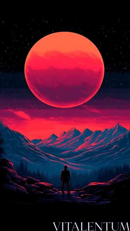 Digital painting of lone figure under vast neon red moonscape.