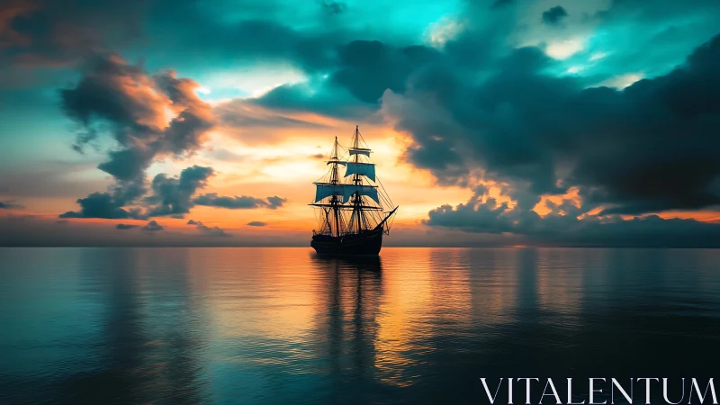 Digital seascape with silhouetted tall ship at neon dusk.