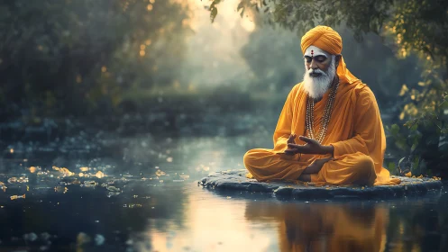 Serene orange-robed guru meditates beside tranquil river at dawn.