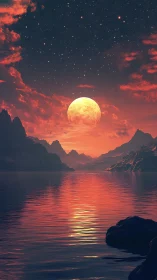 Radiant full moon glows above crimson twilight lake.