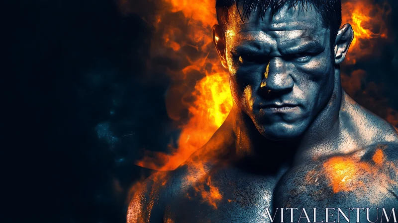 Intense muscular fighter portrait framed by vivid flames.
