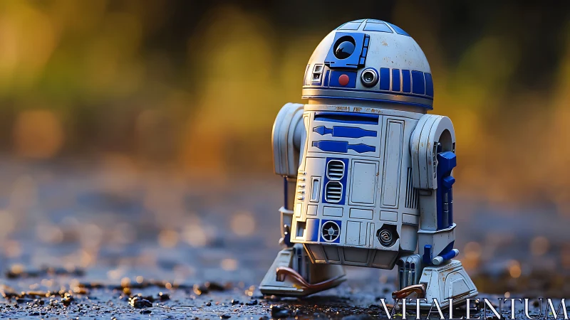 Toy astromech droid on wet ground, shallow focus bokeh.