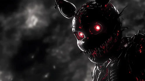 Damaged animatronic rabbit with exposed endoskeleton and red cores