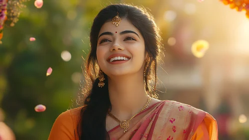 Radiant Indian woman in traditional attire, vibrant outdoor portrait.