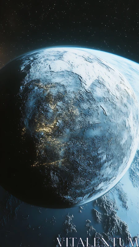 Icy exoplanet in deep space with luminous city clusters.