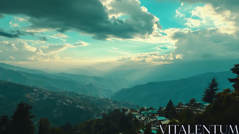Mountain town overlooks layered valleys under stormy sunset sky