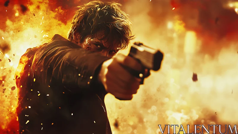 Male figure aiming handgun amid intense fiery explosion.