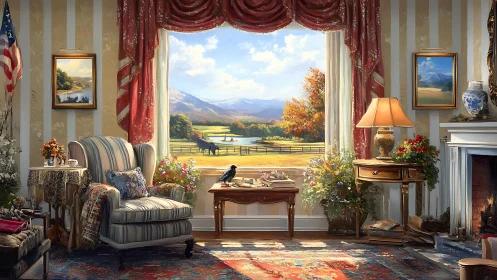 Sunlit country window frames a storybook parlor daydream.