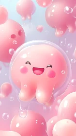 Smiling pink jelly character floating among glossy bubbles.