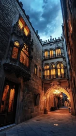 Photorealistic Gothic alleyway with illuminated archway and façades.