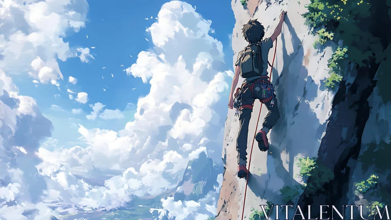 Rock climber scales vertical cliff against expansive sky