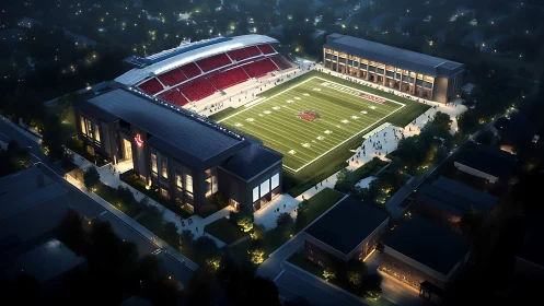 Night aerial view highlights illuminated football stadium