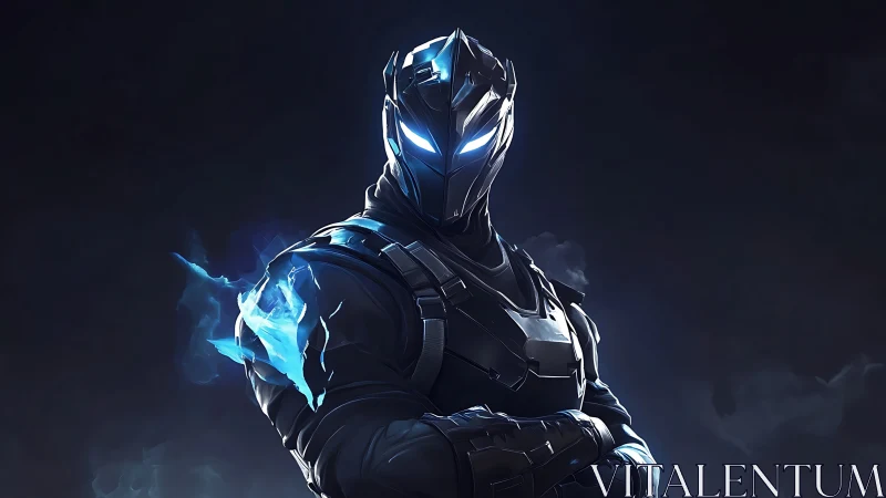 Midnight cyber-knight folds starlight into a burning fist