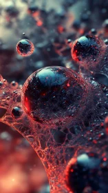 Crimson macro spheres float through glowing lattice void.