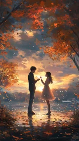 Autumn's Embrace: Where Hearts Ignite Under Burning Canopies.