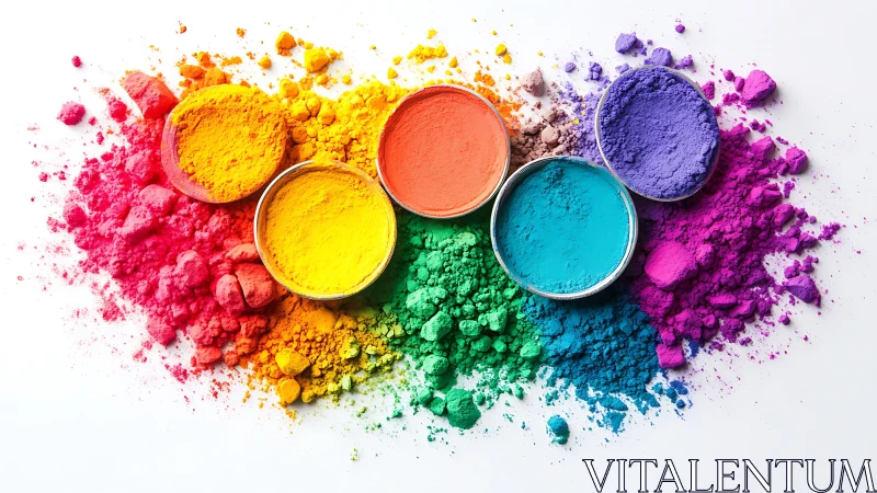 Vivid circular pigment pans scatter bright rainbow powder