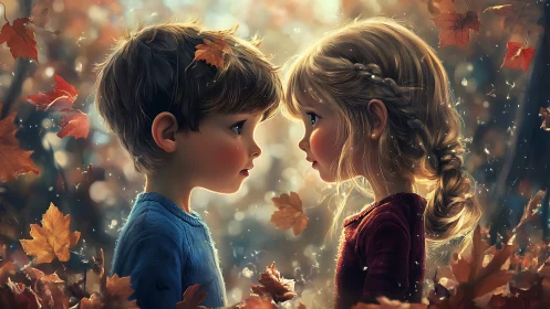 Two children facing each other amid falling autumn leaves, bathed in warm golden light