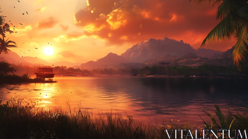 Tropical lake sunset with mountains, palm trees, and boat.