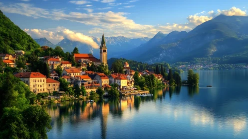 Sunlit lakeside village with church spire mirrored in calm water