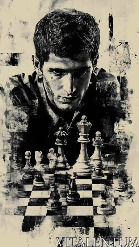 Focused chess player studying a dramatic endgame board.