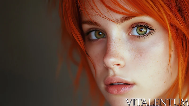 Intense green-eyed portrait under vivid copper hair light.