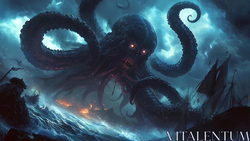 Stormlit sea monster rising over ships in eerie blue glow.