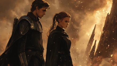 Two armored figures stand before burning rocky formations