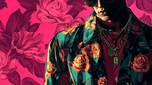 Floral-clad figure in neon rose backdrop explores pop-graphic contrast