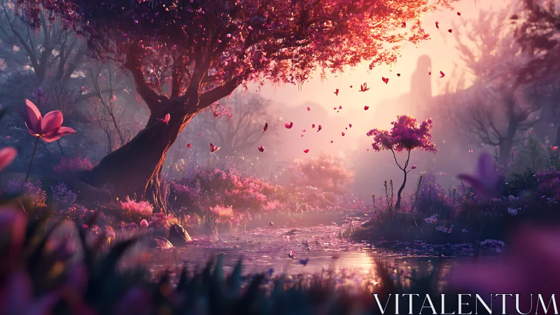 Enchanted pink river garden under a glowing twilight sky.