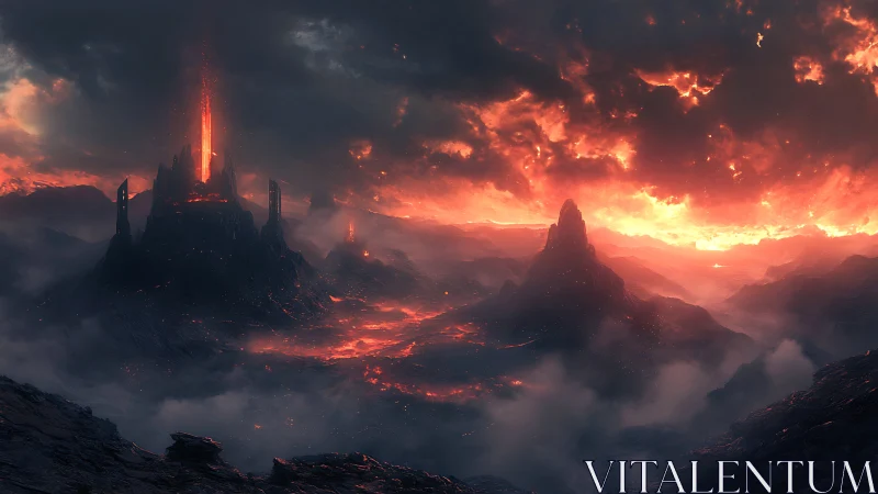 Volcanic fortress amid fiery sky and molten landscape.