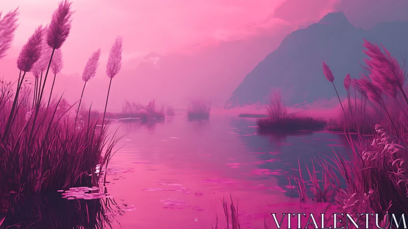 Neon pink reed marsh reflects misty mountains at dusk.