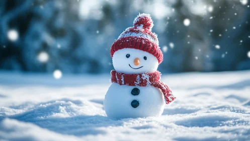 Snowy optimist grins warmly through a soft blue blizzard