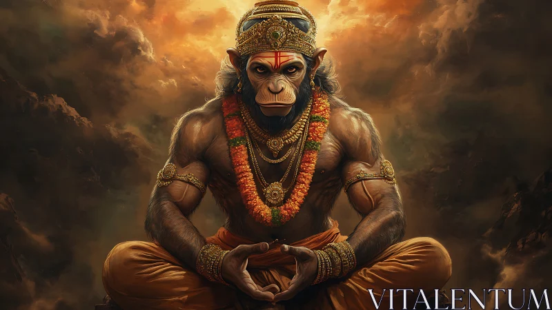 Powerful monkey deity in meditation against stormy sky.