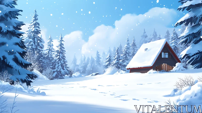 Snow covered forest cabin under clear winter sky.