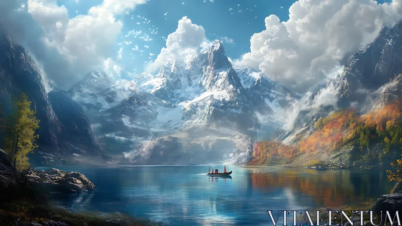 Glacial alpine basin with mirrored lake and micro-scale vessel transit.