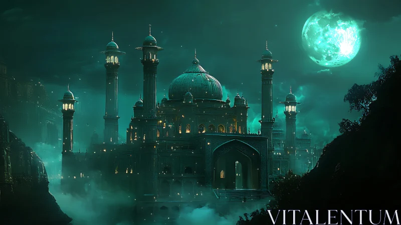 Luminous moonlit palace with domes and minarets in misty nightscape.