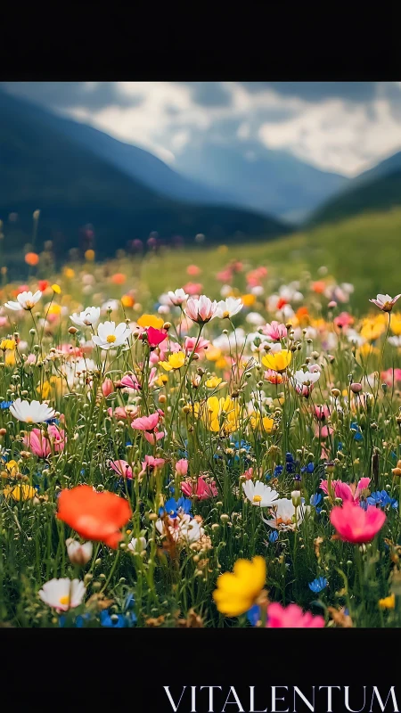 Alpine meadow blooms beneath snow-capped mountains.