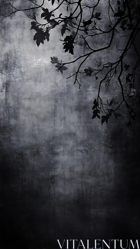 Monochrome foliage silhouette against distressed grey field.