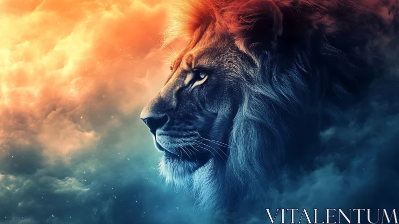Majestic lion profile in dual-tone cosmic cloudscape.