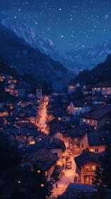 Nighttime mountain village street is illuminated by warm lights