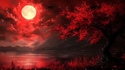 Lunar-illuminated crimson shoreline with radiating arboreal silhouette.