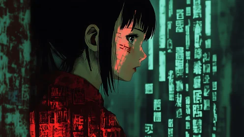 Quiet coder gazes into glowing green data in the dark