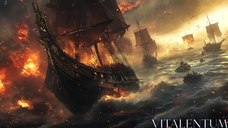 Inferno armada carves a burning path across stormy seas.