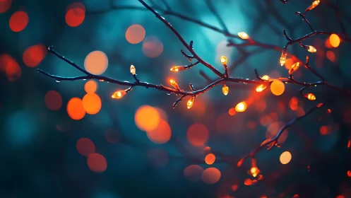 Branches with orange lights against soft teal background.